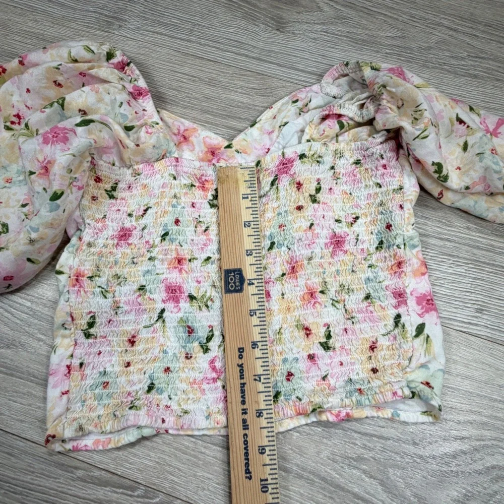 Abercrombie & Fitch Womens Small Floral Puff Sleeve Smocked‎ Sweetheart Crop Top